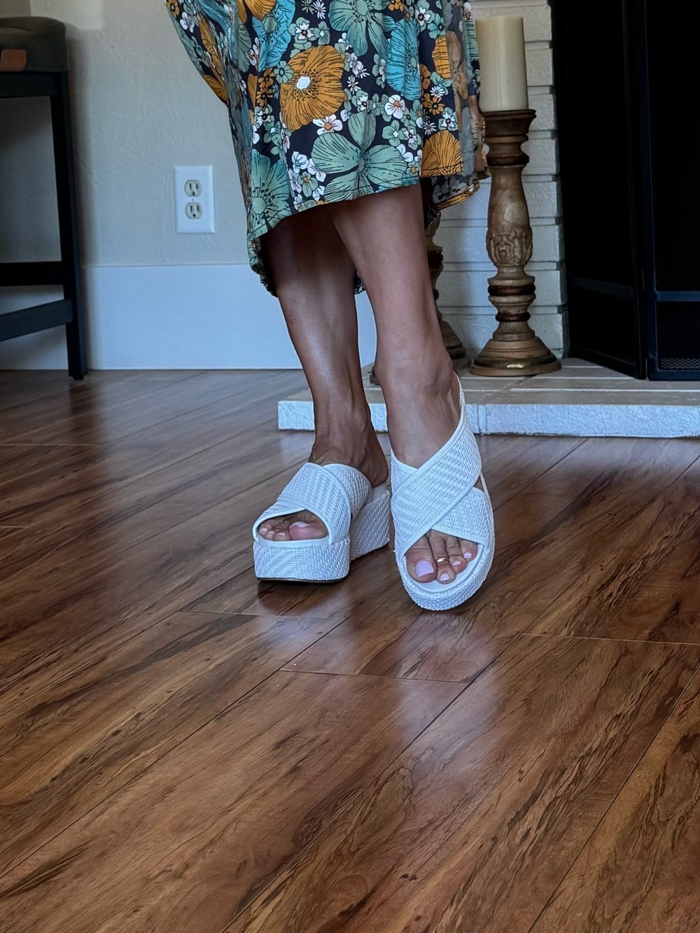 White Women's Platform Slide Sandals - Comfortable Crossband Woven Design